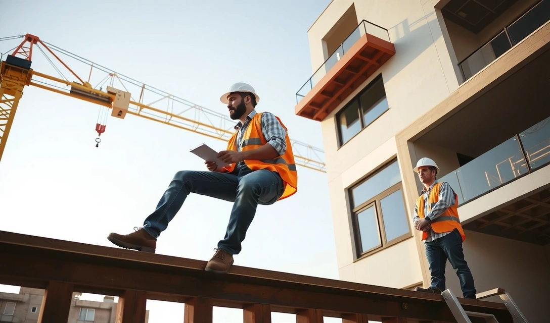 Construction workers building modern residential complex with quality control inspection